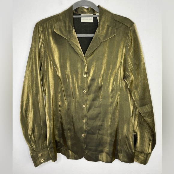 VINTAGE Liz Claiborne metallic sheen green bronze buttons down blouse - Picture 1 of 7